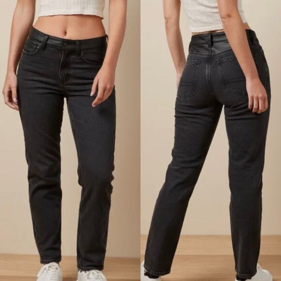 AE Stretch Super High-Rise Vegan Leather Waist Ankle Straight Jean Black Size 4R - Picture 1 of 15